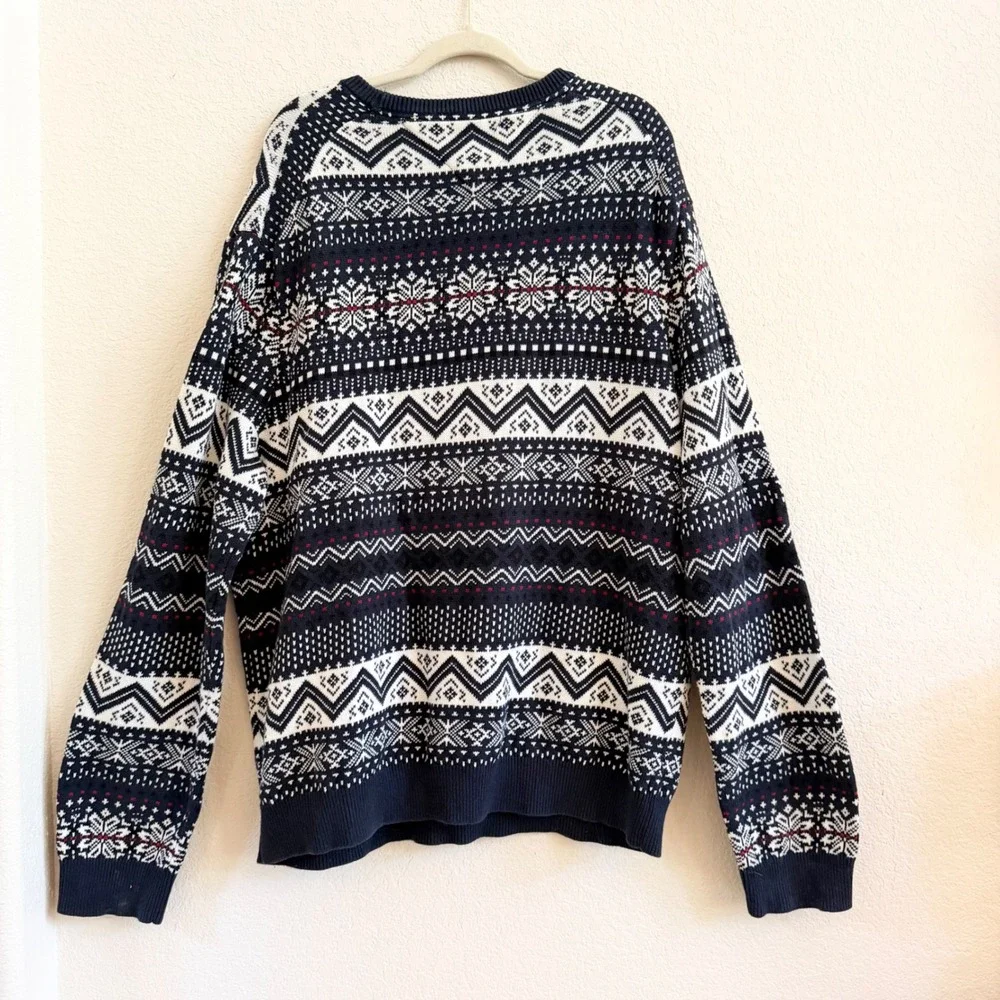 Tommy Hilfiger Mens XXL Navy Blue Fair Isle Cotton Crewneck Sweater Snowflake